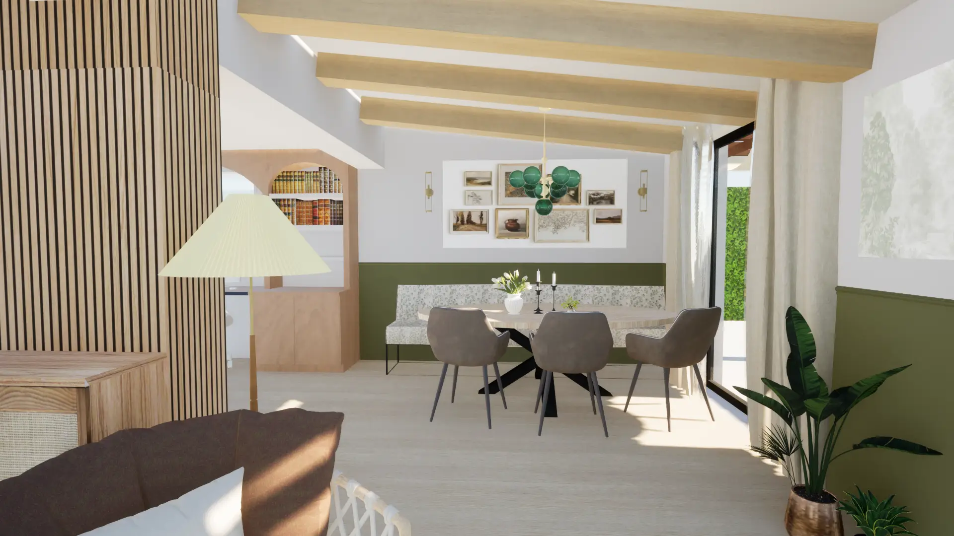 3D visualisatie van eetkamer in landelijke stijl. Ontworpen door Caitlin Wessels