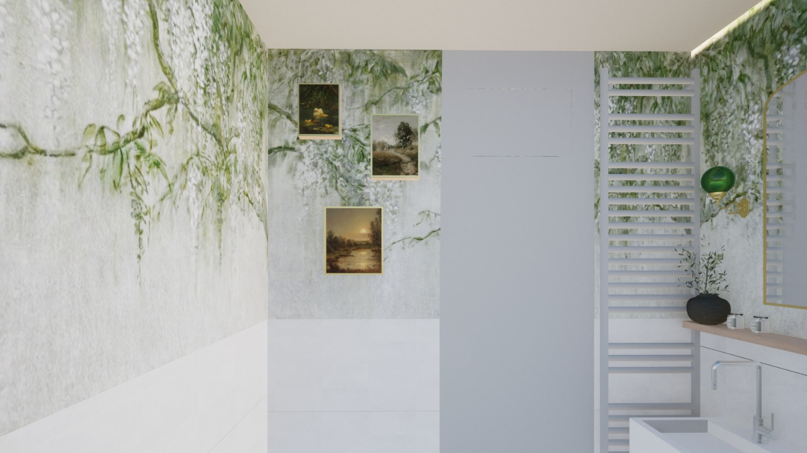 3D beeld badkamer met vintage accenten. Ontworpen door Caitlin Wessels