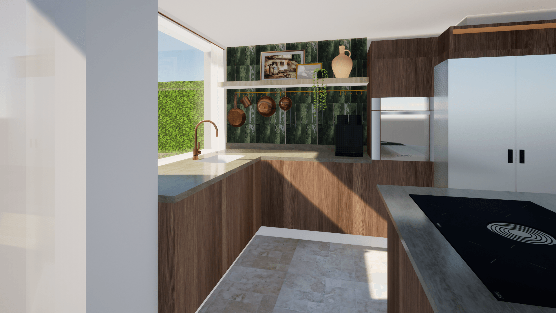 3D impressie van een mediterrane keuken met natuurlijke materialen. Ontworpen door Caitlin Wessels