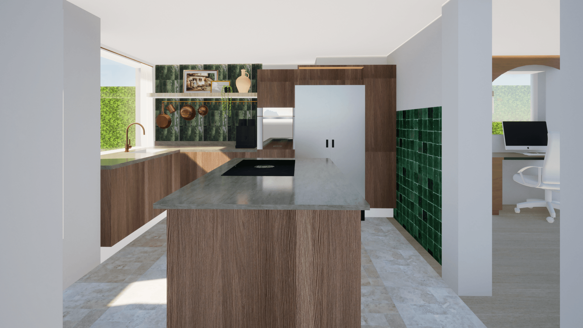 3D-afbeelding van een moderne keuken met natuurlijke materialen. Ontworpen door Caitlin Wessels