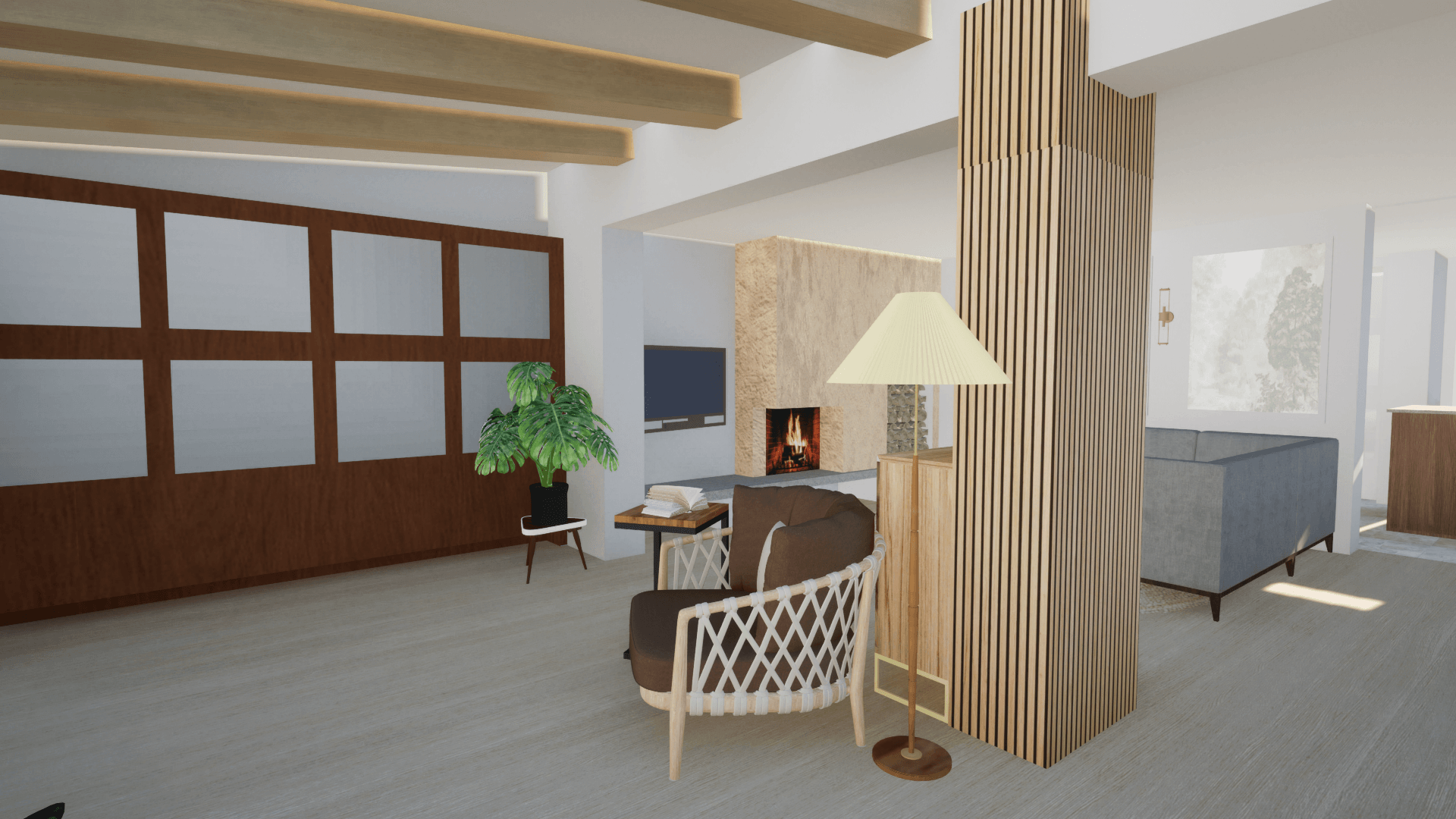 Gezellige impressie van woonkamer met openhaard. Ontworpen door Caitlin Wessels