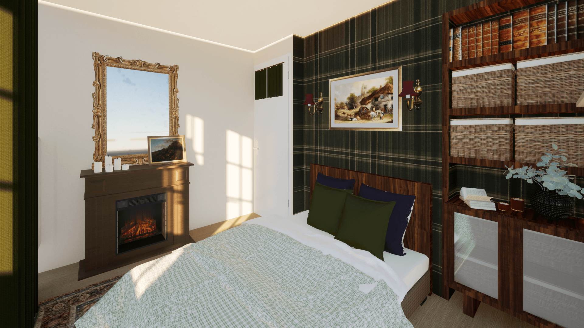 3D interieurontwerp van een slaapkamer. Harry potter sfeer. Door Caitlin Wessels.