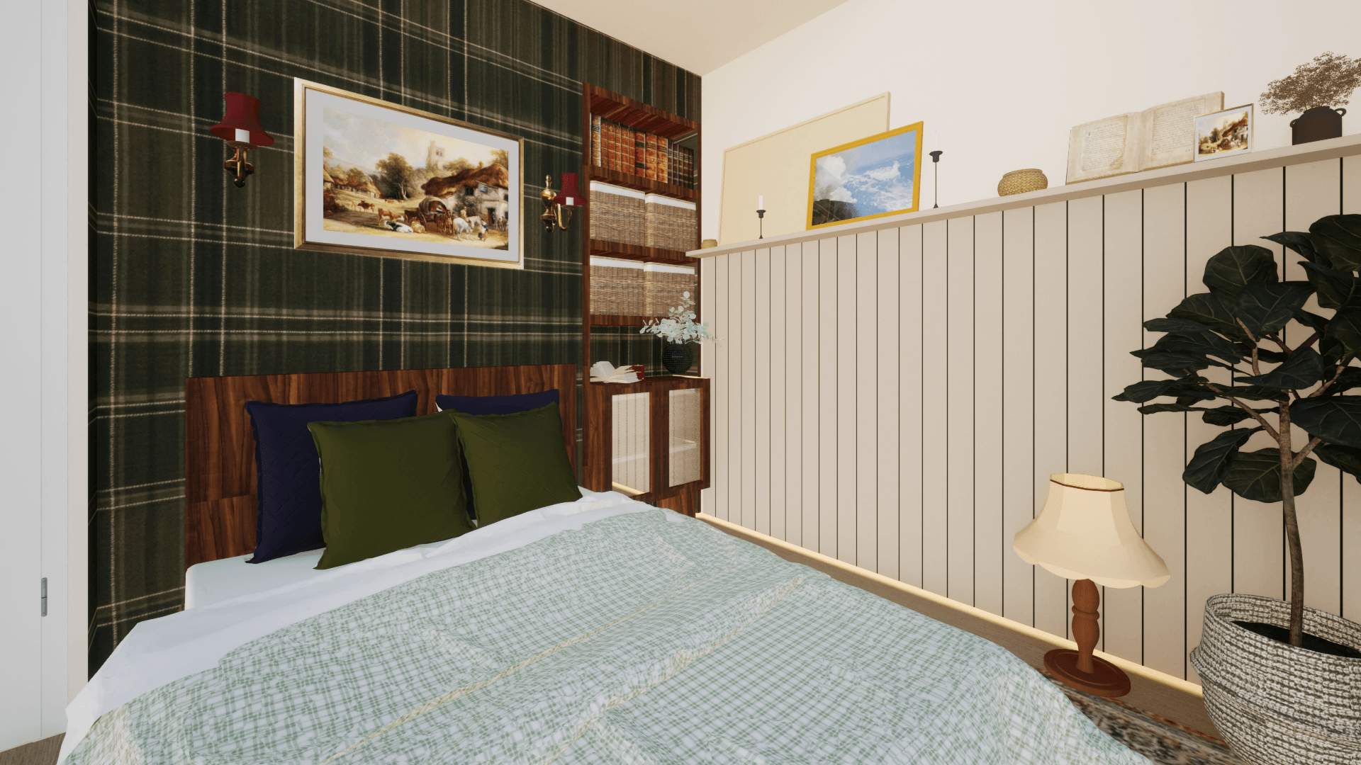 3D interieurontwerp van een warme slaapkamer. Door Caitlin Wessels.