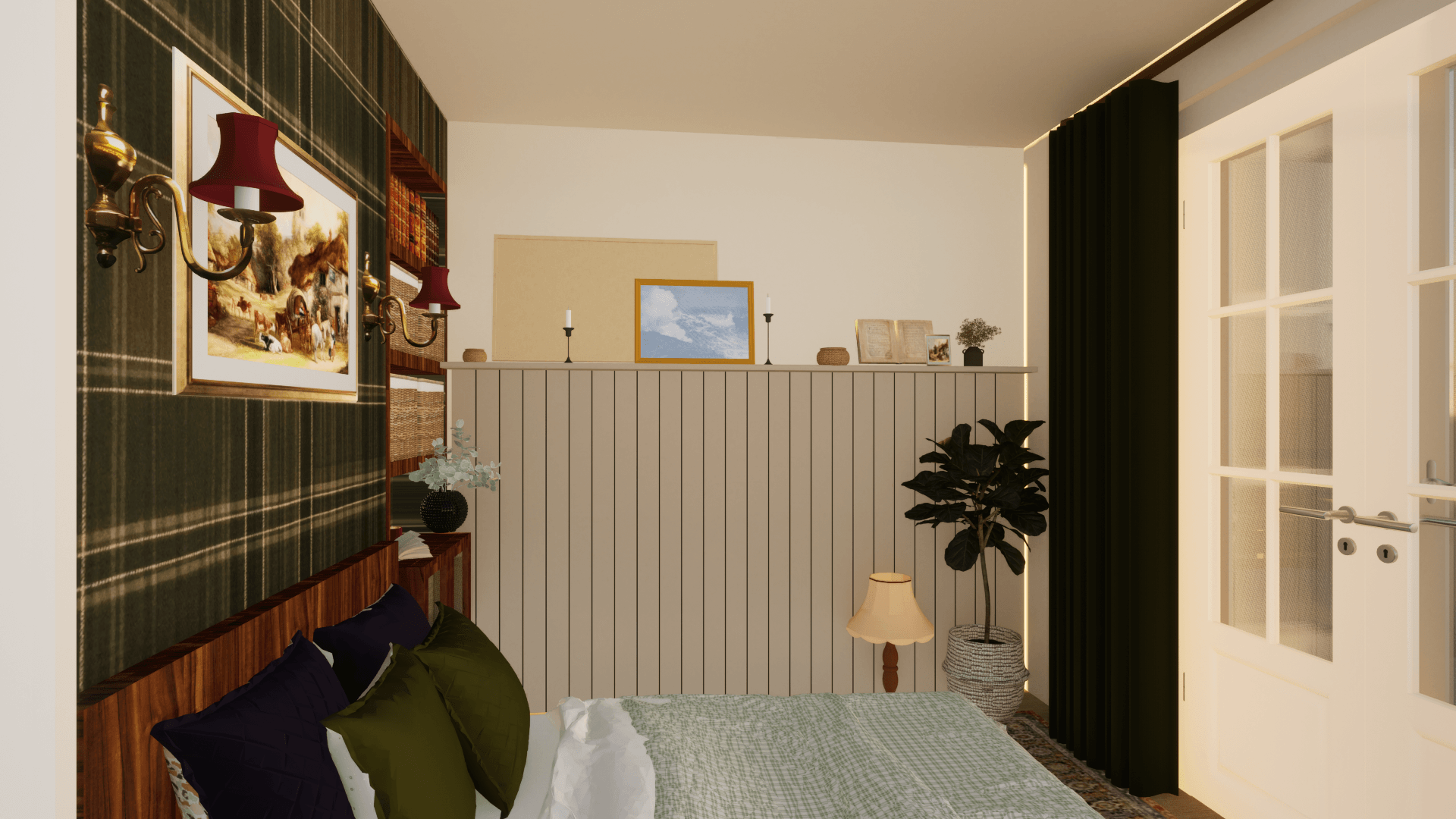 3D interieurontwerp van een warme slaapkamer. Door Caitlin Wessels.