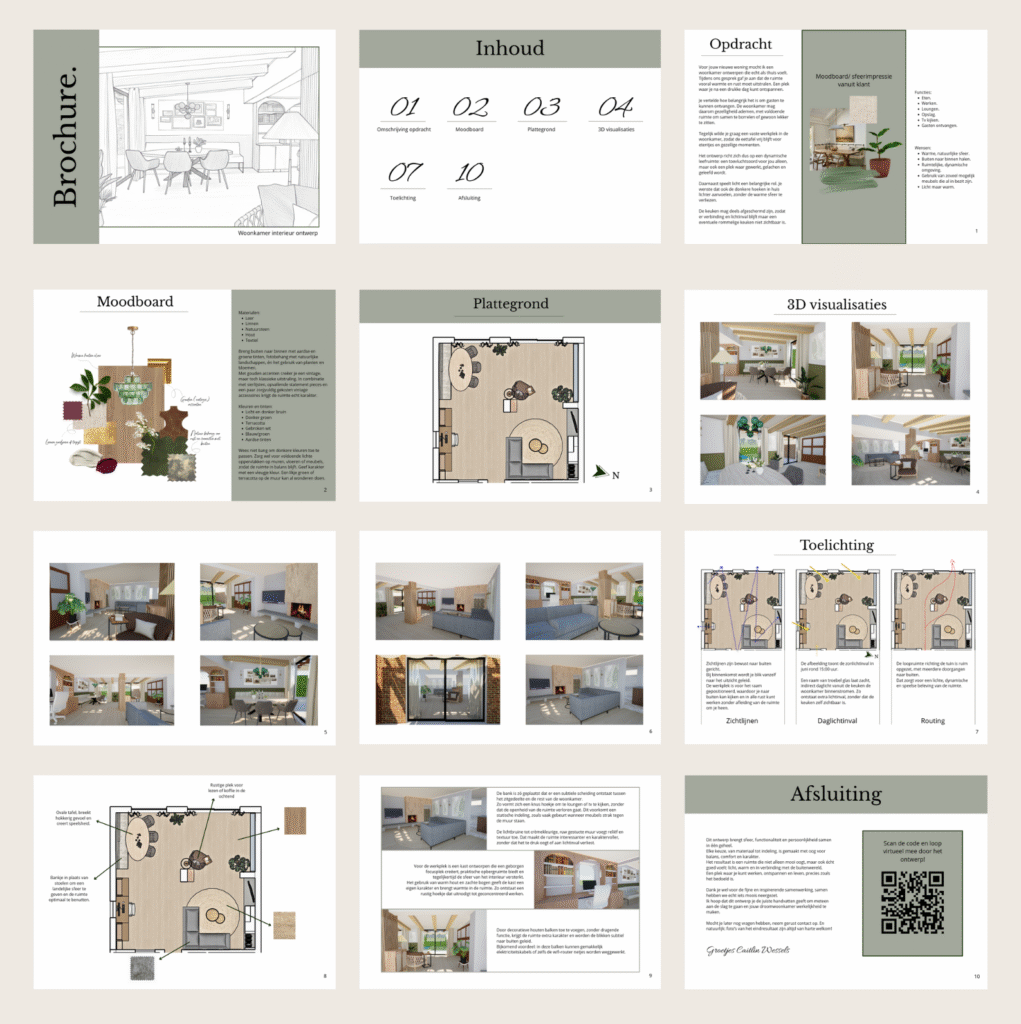 Brochure interieurontwerp met 3D-visualisaties, plattegronden, moodboard en interieuradvies. Ontworpen door Caitlin Wessels