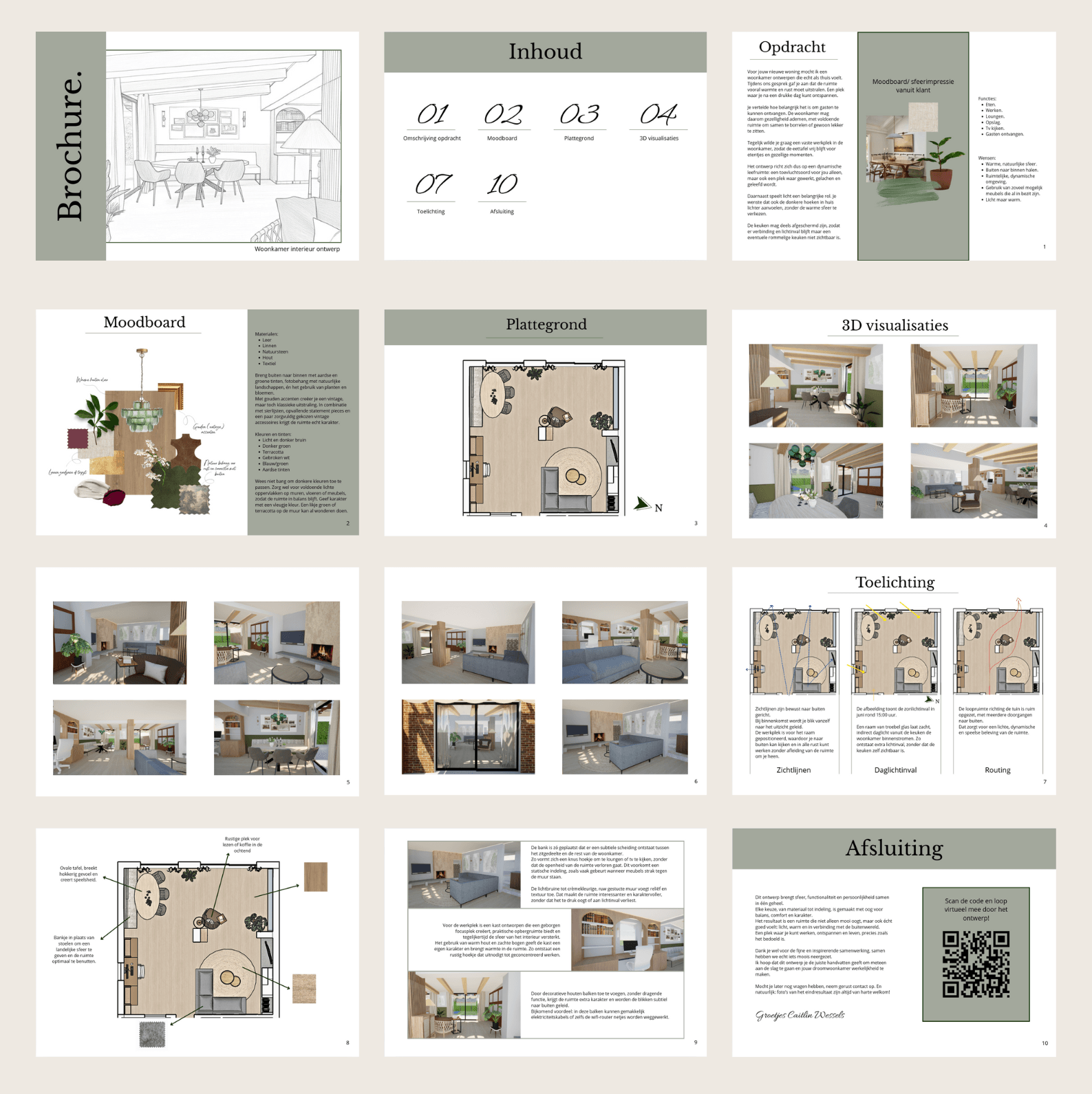 Brochure interieurontwerp met 3D-visualisaties, plattegronden, moodboard en interieuradvies. Ontworpen door Caitlin Wessels